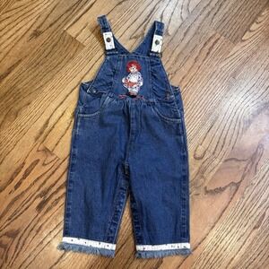 Vintage Baby Denim Overalls 12M Raggedy Ann Embroidered Fringe Hem Snap Legs